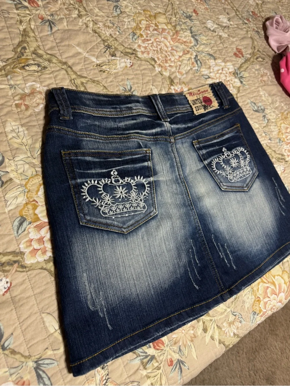 Washed Dark Blue Denim Mini Skirt - Embroidered Pocket Detail